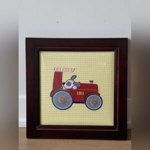 Framed Textile Art. Featuring a Cute Dog Driving A Vehicle